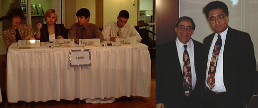 Apollo High School quiz bowl team on the left. Ernie Anderson and Brick Barrientos on the right. Ernie wears a Star Wars tie. Brick wears a Star Trek tie.