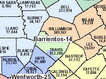 Detail of Texas senatorial districts highlighting the 14th district represented by Gonzalo Barrientos