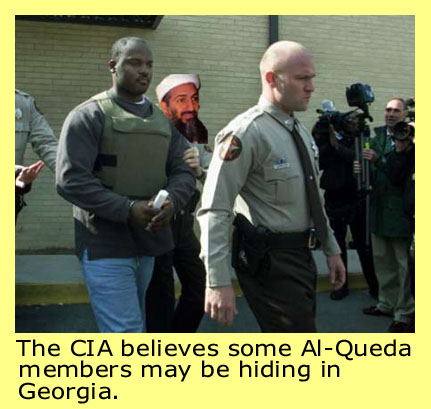 Tri-State Crematory operator Ray Brent Marsh is led away by police officers. One of the officers looks like Osama Bin Laden. Caption reads 'The CIA believes some Al-Queda members may be hiding in Georgia.