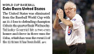Headline saying Cubs Oust United States. Justice John Paul Stevens in Cubs jersey throwing out the first pitch.