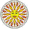A stylized sun face