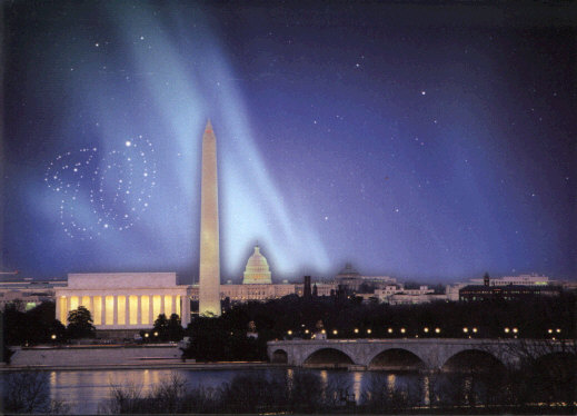 Standard night Washington photo with Lincoln Memorial, Washington Monument, Capitol and Memorial Bridge. A glow rises in the distance, supposedly from RFK. There's a constellation of Curly W in the sky.