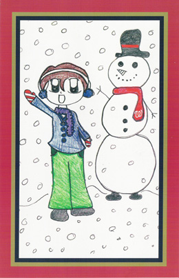 Nationals 2006 Christmas Card. It is a child's drawing of a girl and a snowman in a snowstorm. The snowman wears a scarf with the Curly W on it.