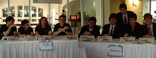 Horace Greeley High School quiz bowl team on the left with the players named as PowerPuff Girls. Seton Hall Prep with the players named as Spice Girls on the right.